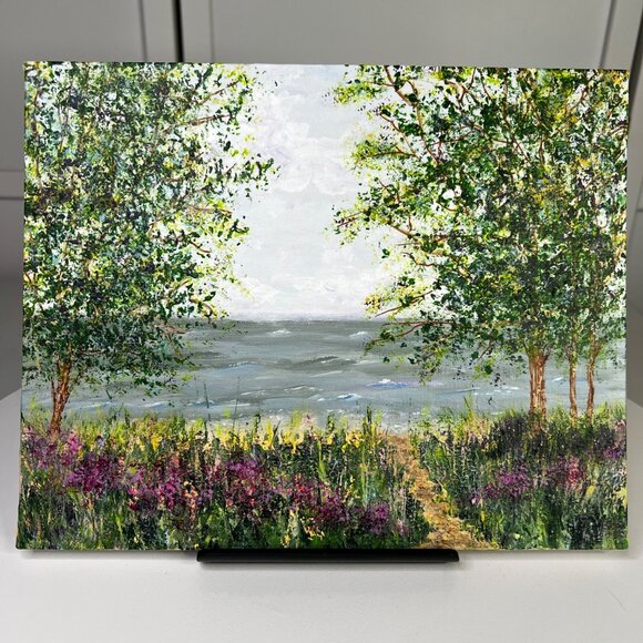 Original 8"x10" Acrylic Coastal Landscape Painting "Trees By The Sea" - Picture 4 of 7